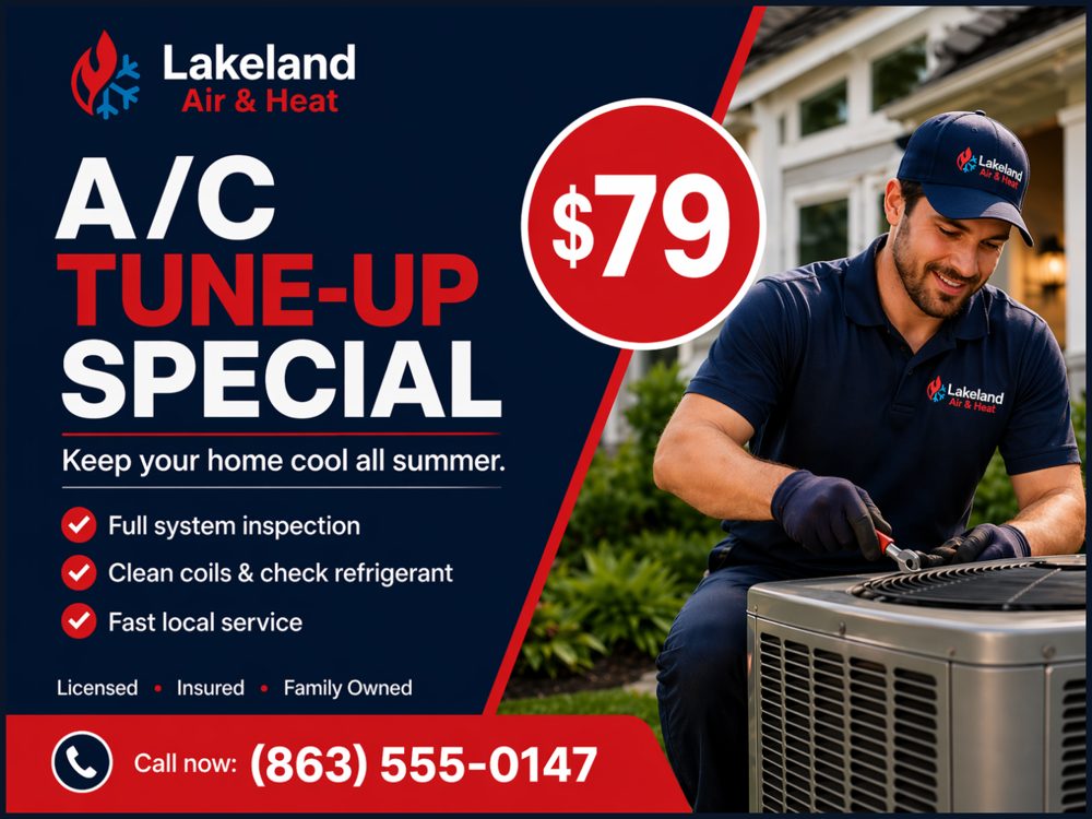 A C tune-up special postcard sample for a Lakeland heating and air company